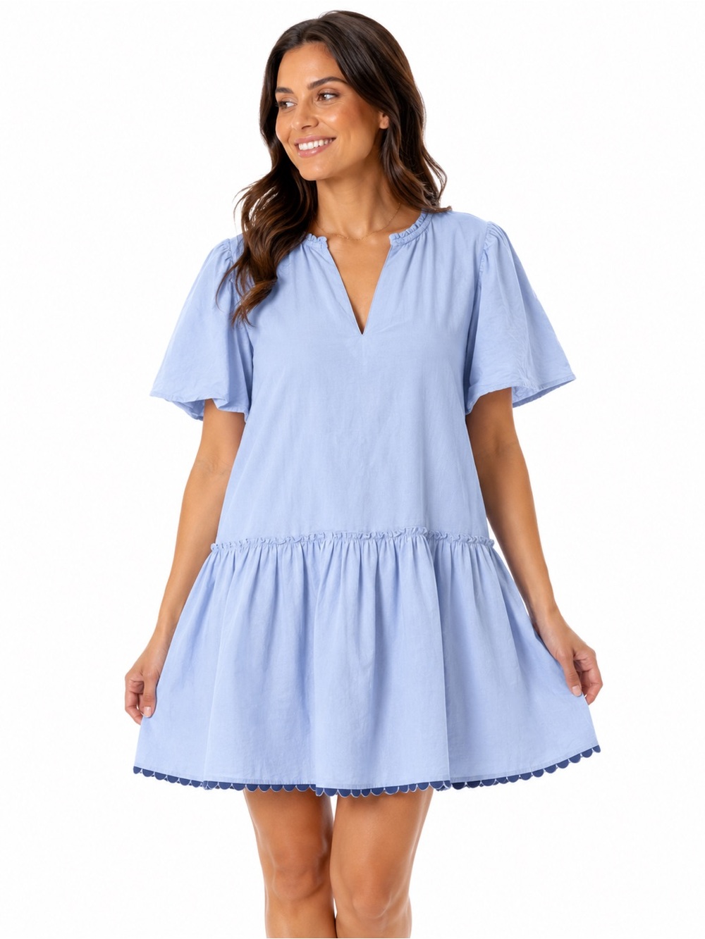Simply Southern Light Blue Flutter Sleeve Tiered Dress with Pom Trim